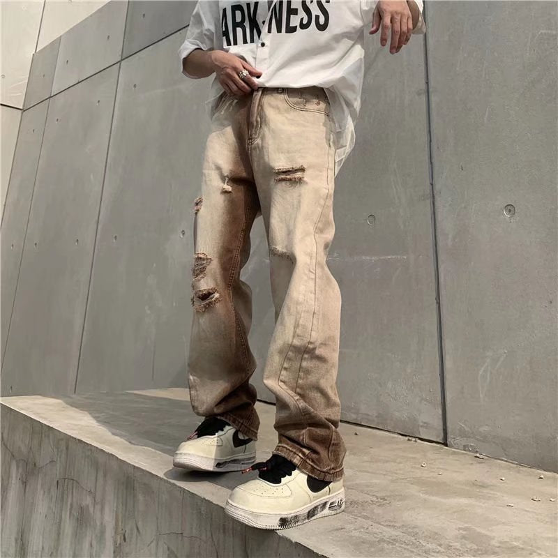 Gradient Distressed Washed Vintage Coffee Color Ripped Jeans For Men