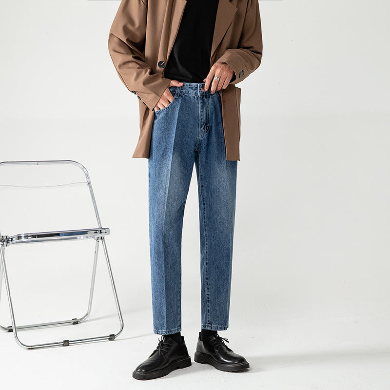 Men's Loose Straight Light Blue Cropped Pants