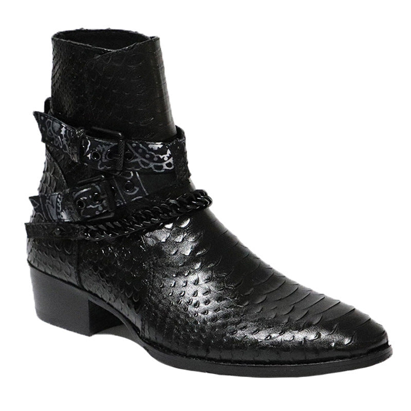 Men's Leather Serpentine Pointed Flower Chelsea Boots