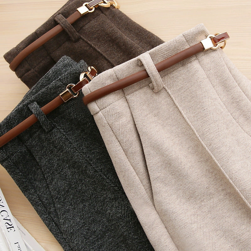 Straight-leg Faux Wool Pants Women's Thickened Warm Autumn Winter