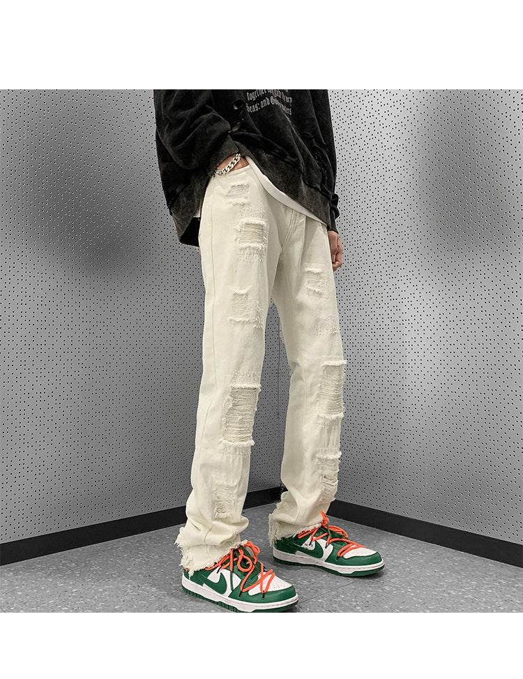 Fake Ripped Jeans Men's Slim Straight Bootcut Trousers