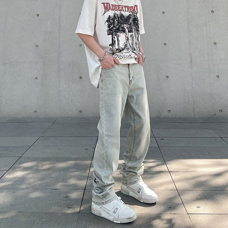 American Vintage Washed Distressed Yellow Mud Dye Letter Print Jeans