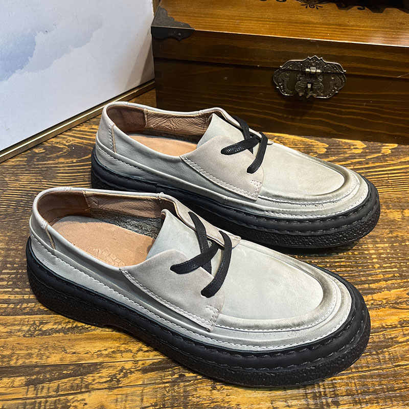 Round Head Genuine Leather Platform Men's Slip-on Leather Shoes