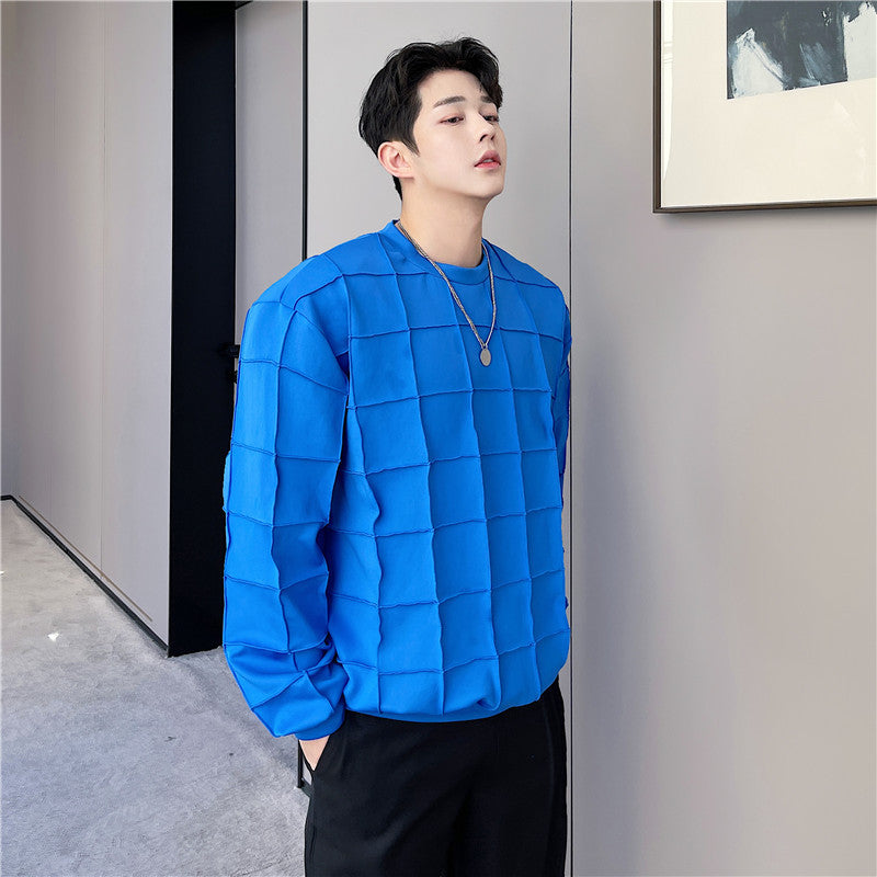 Men's Three-dimensional Crumpled Plaid Round Neck Loose Sweater