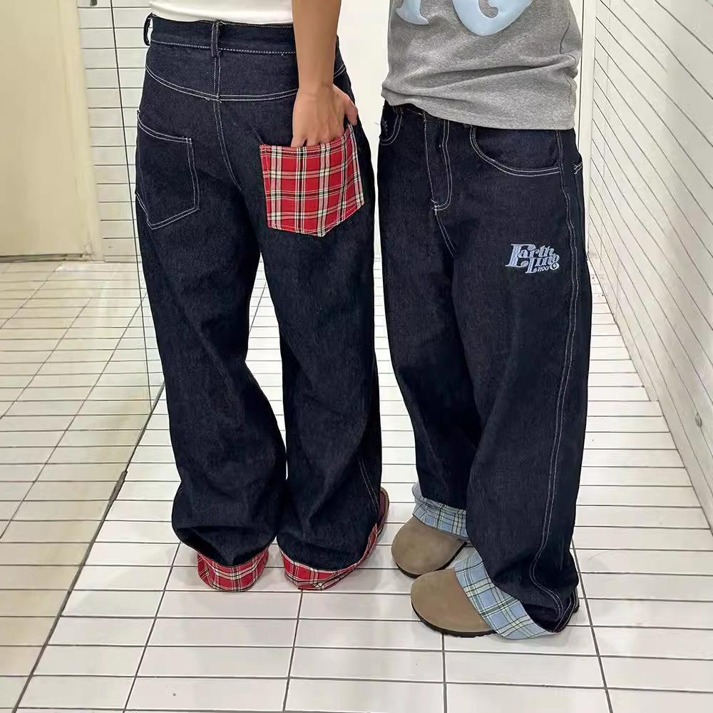 American Plaid Stitching Curling Jeans Men's Autumn