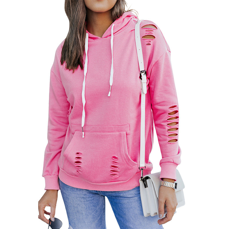 New Solid Color Long-sleeved Drawstring Hoodie Sweater For Women