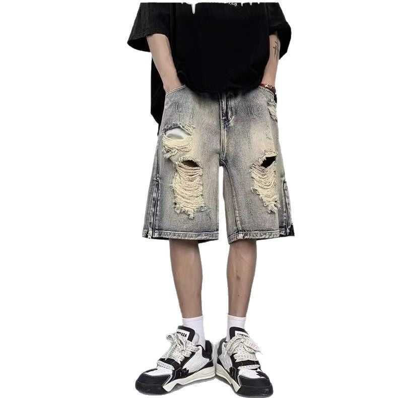 American High Street Retro Tattered Jeans Denim Shorts Wide Leg