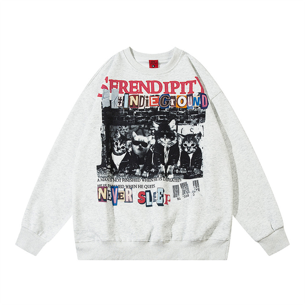 Kitten Print Loose Pullover Sweatershirt