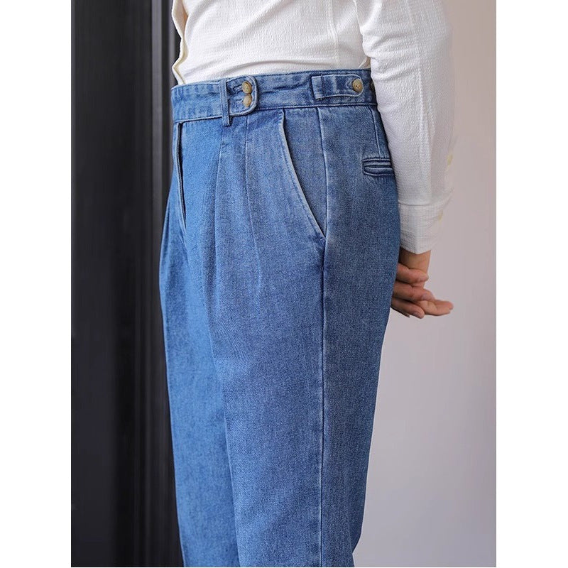 British High Waist Men's Jeans Drooping Straight Curling Suit Pants