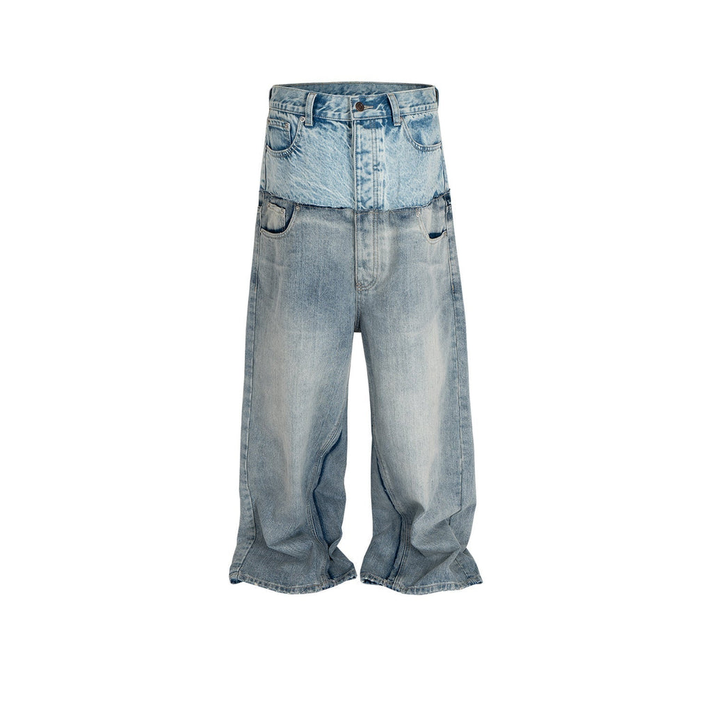 Cat Whisker Distressed Long Pants Unisex Double Waist Patchwork Jeans