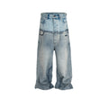 Cat Whisker Distressed Long Pants Unisex Double Waist Patchwork Jeans