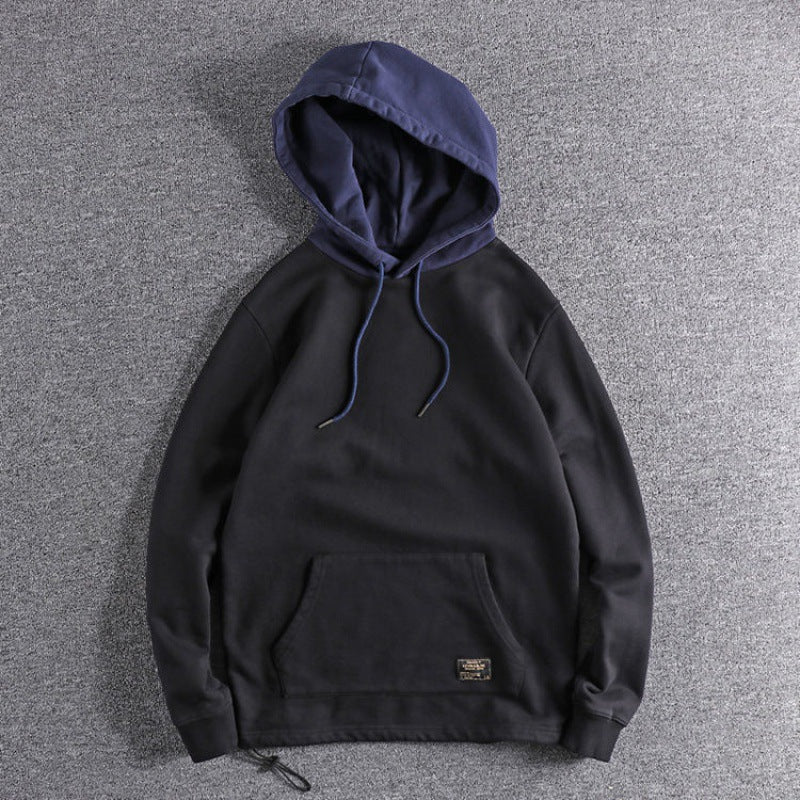 Retro Contrast Color Hooded Sweater Men's Winter Thickened Plus Velvet Jacket