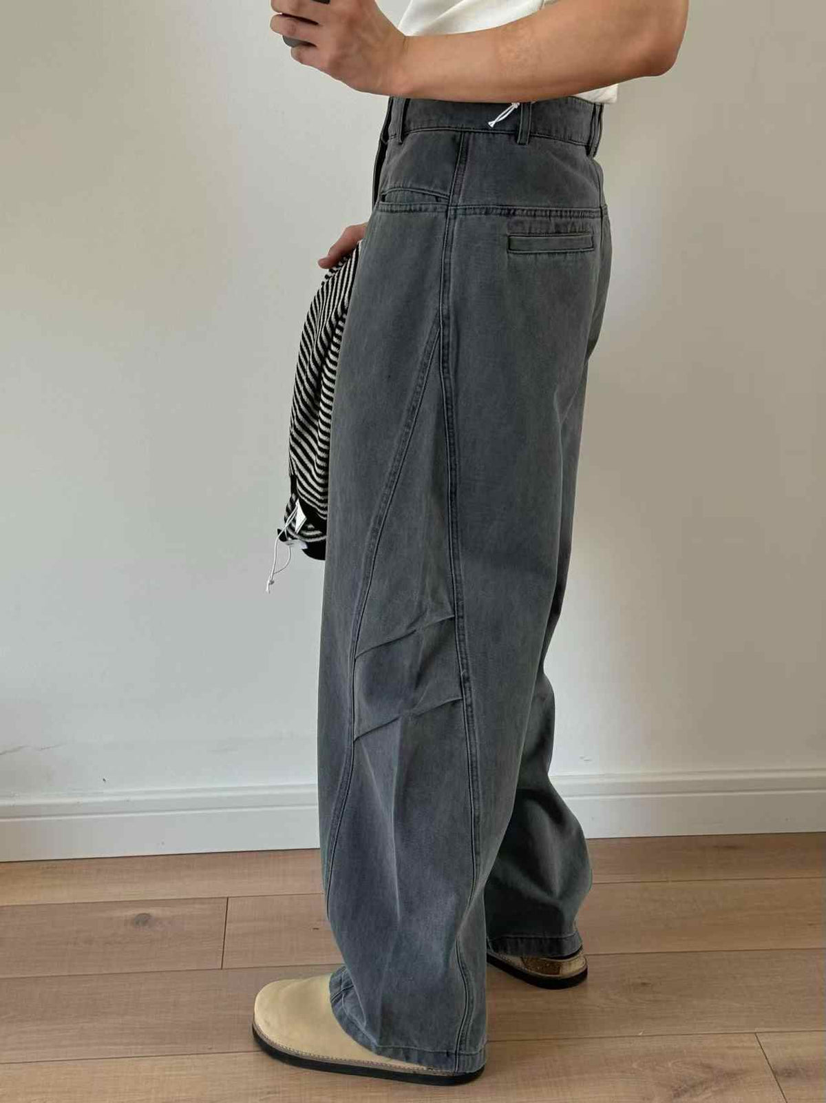 Three-dimensional Cut Pleated Washed All-match Matchet Pants White Unifrom Casual Jeans