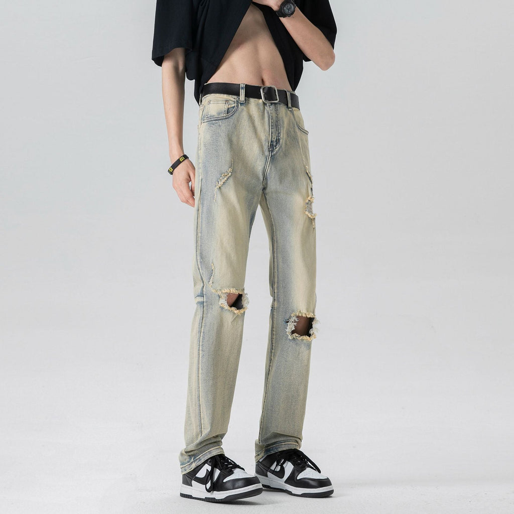 Men's Yellow Mud Washed Distressed Knee Ripped Jeans