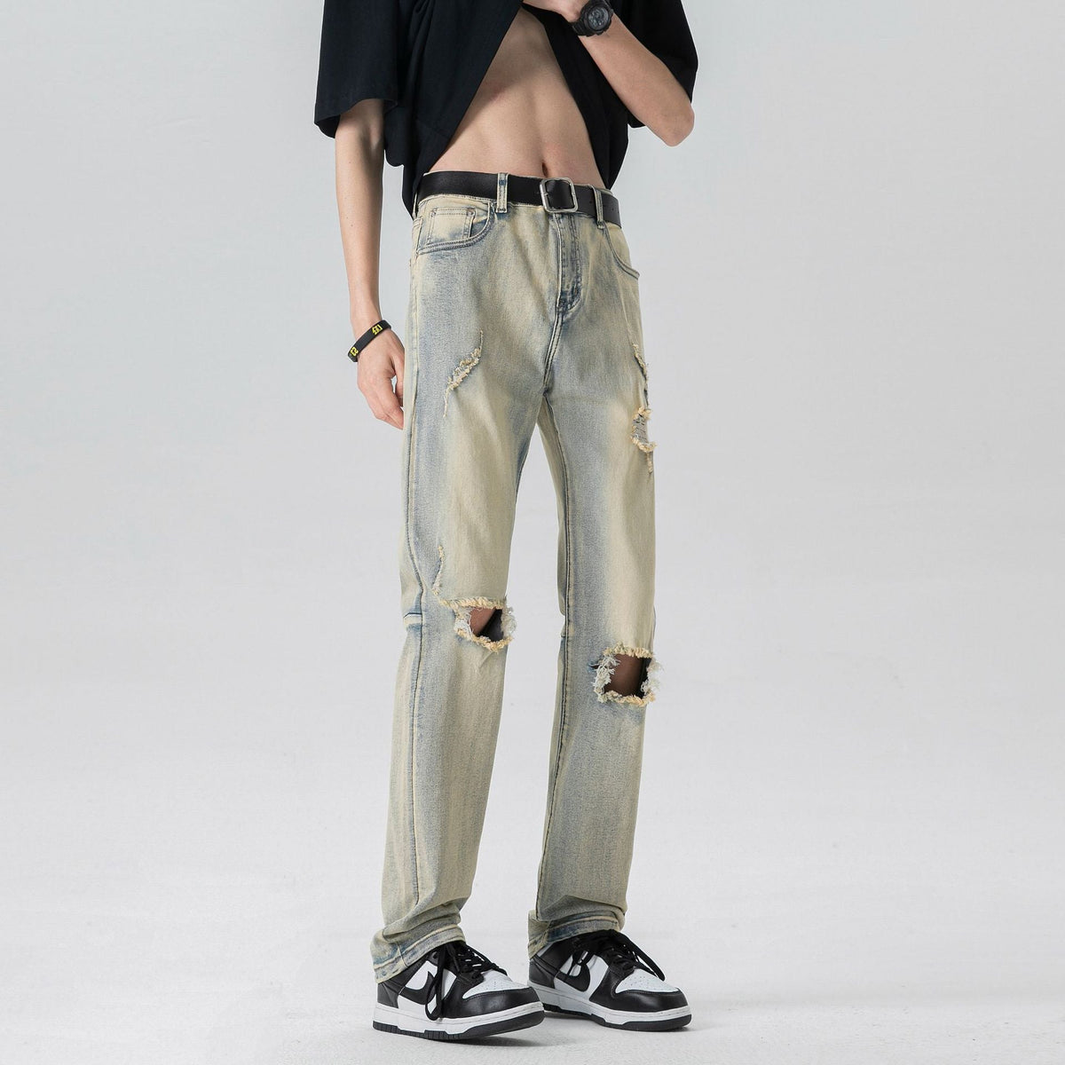 Men's Yellow Mud Washed Distressed Knee Ripped Jeans