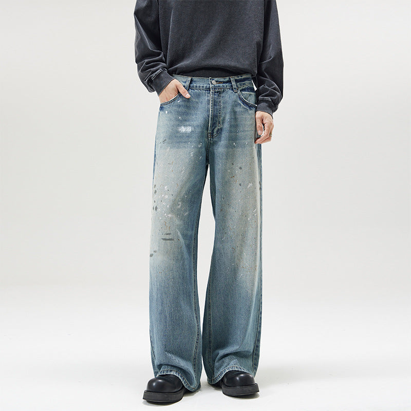 Neutral Wide Leg Mopping Dirty Splash-ink Distressed Design Jeans