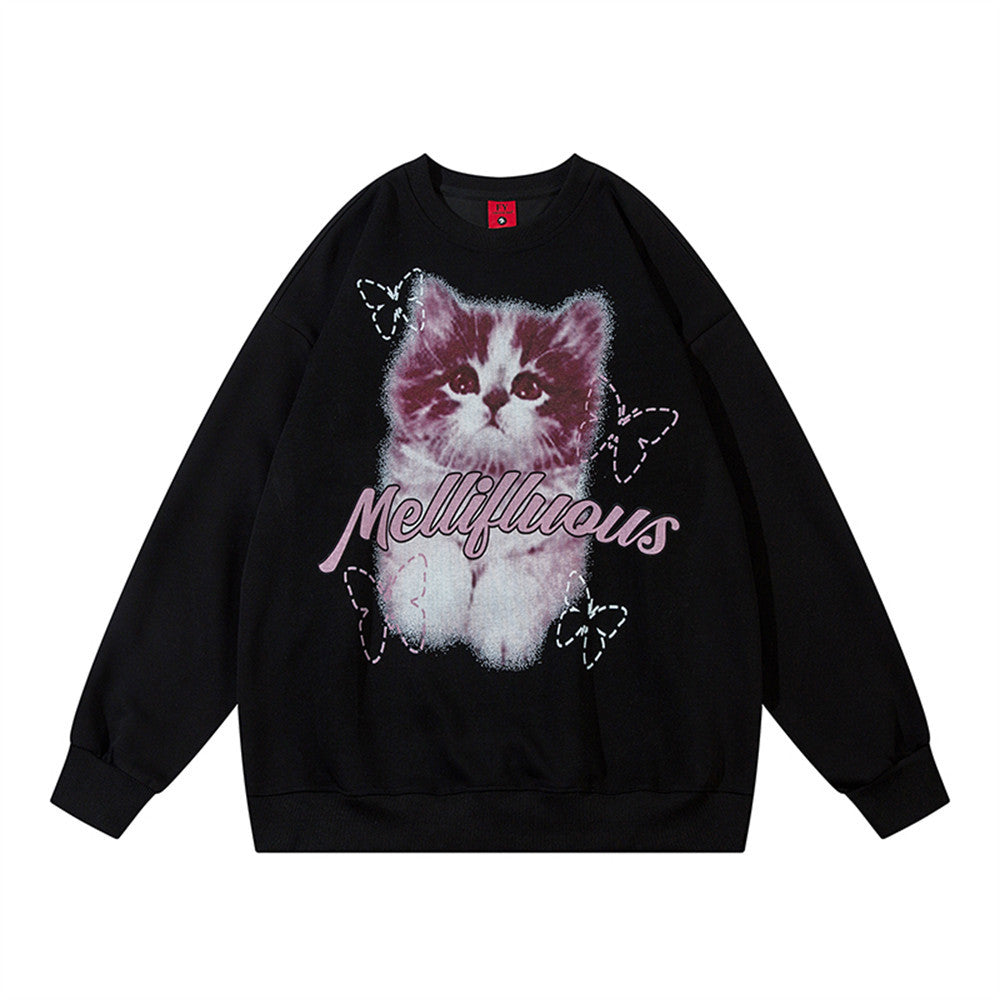 Kitten Animal Print Loose Round Neck Sweater
