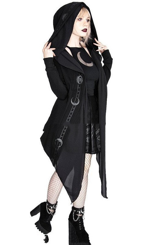 Irregular Black Punk Hooded Jacket Long Patchwork Printed Sweater