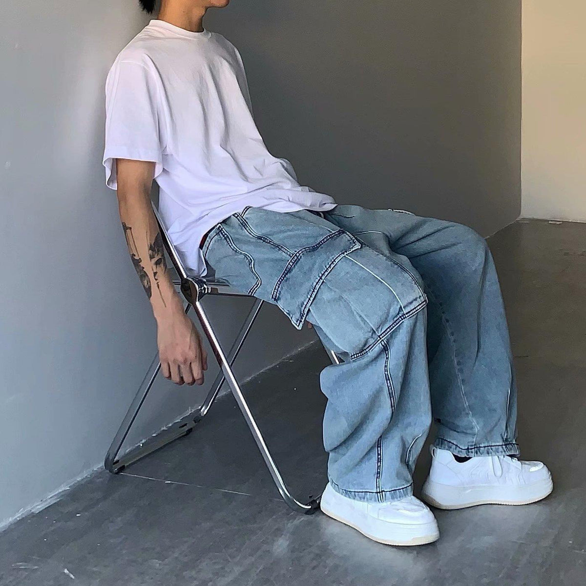 Street Retro Drape Large Loose Pockets Cargo Jeans