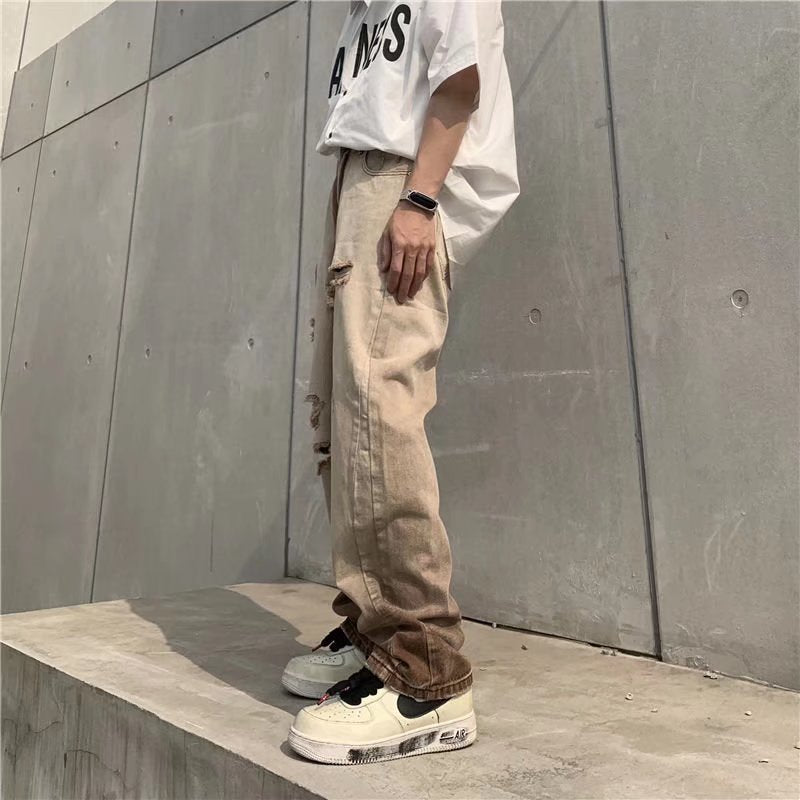 Gradient Distressed Washed Vintage Coffee Color Ripped Jeans For Men