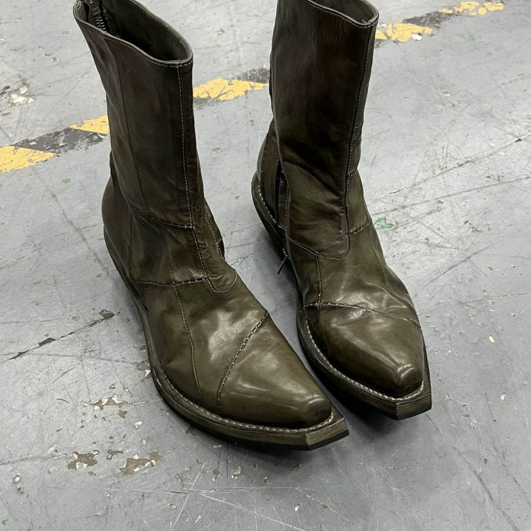 Men's Retro Dark Stitched Patchwork Square Toe Boots