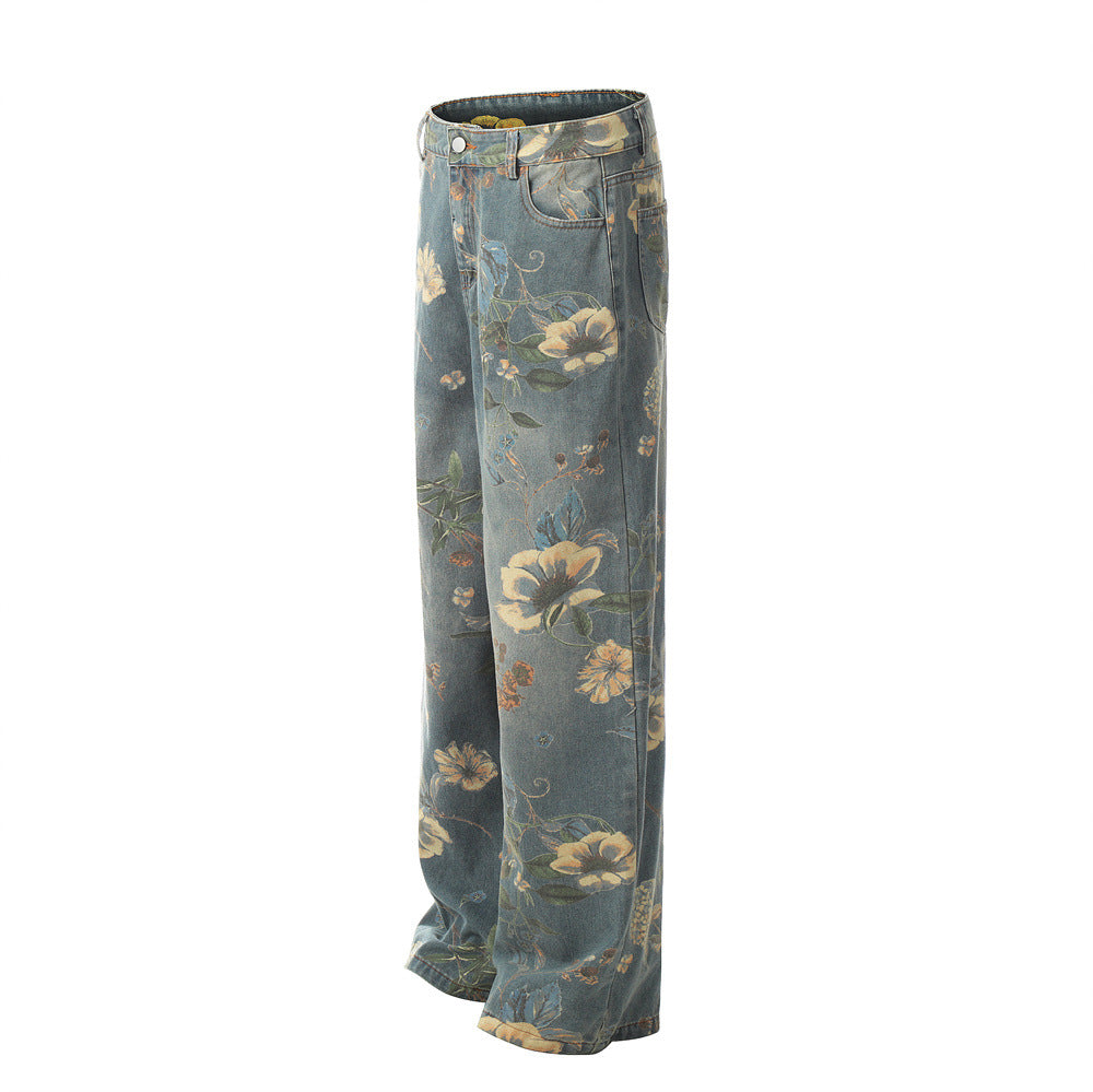Men's Printed Niche Loose Wide Leg Denim Trousers