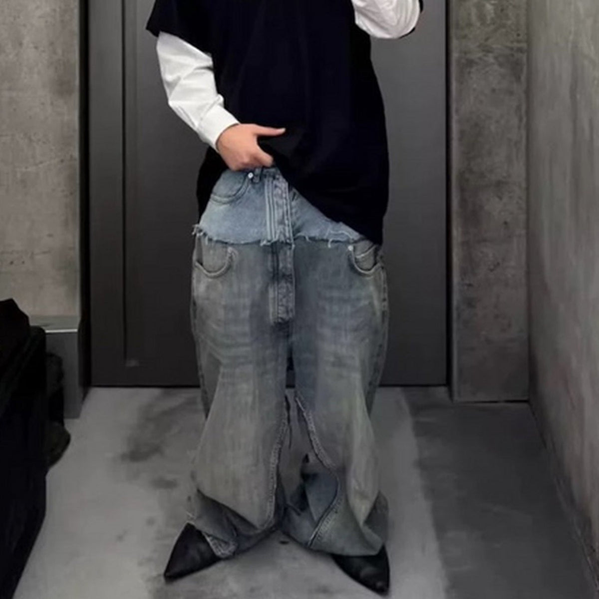 Cat Whisker Distressed Long Pants Unisex Double Waist Patchwork Jeans