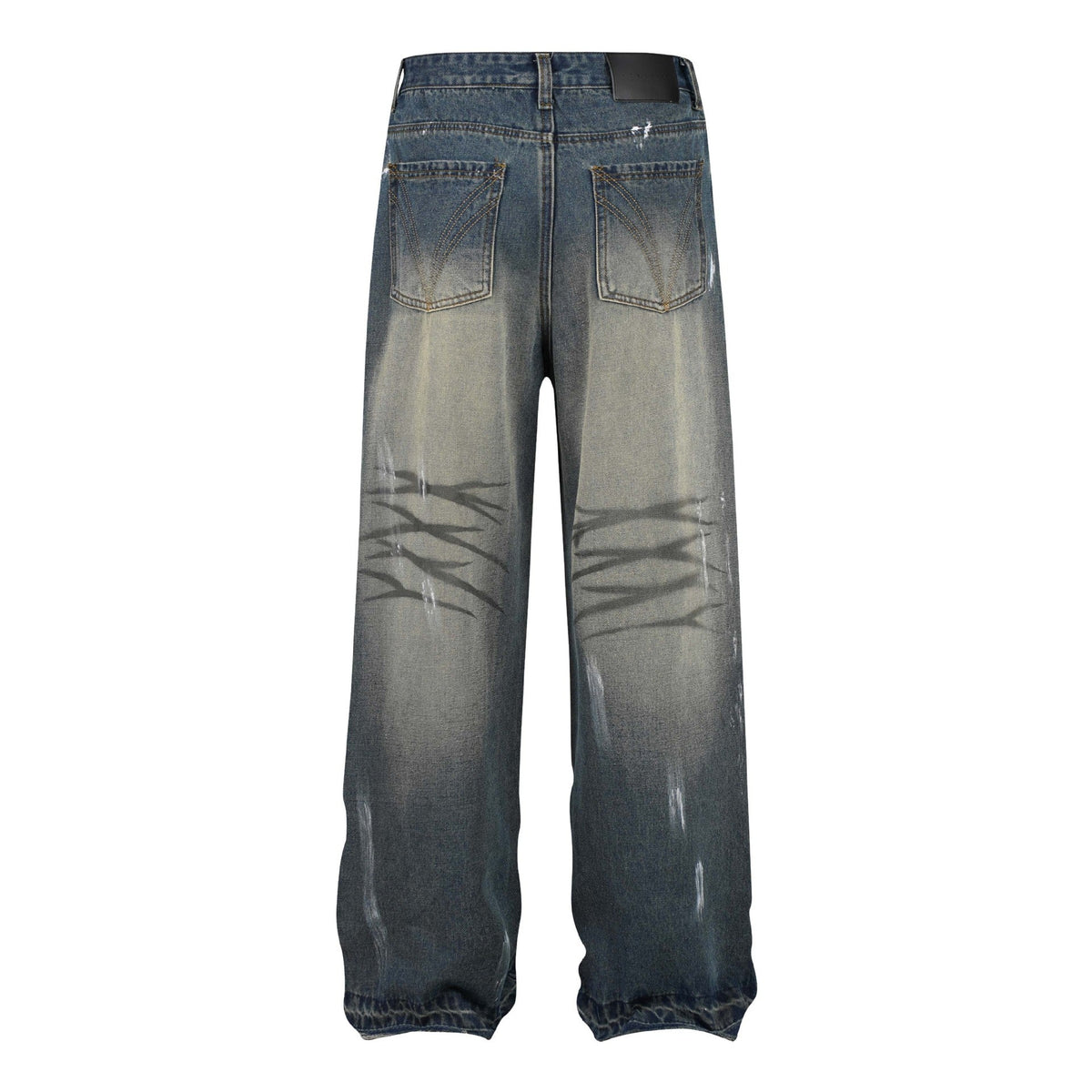 Retro Washed Distressed Graffiti Stitching Jeans Wide-leg Straight Trousers