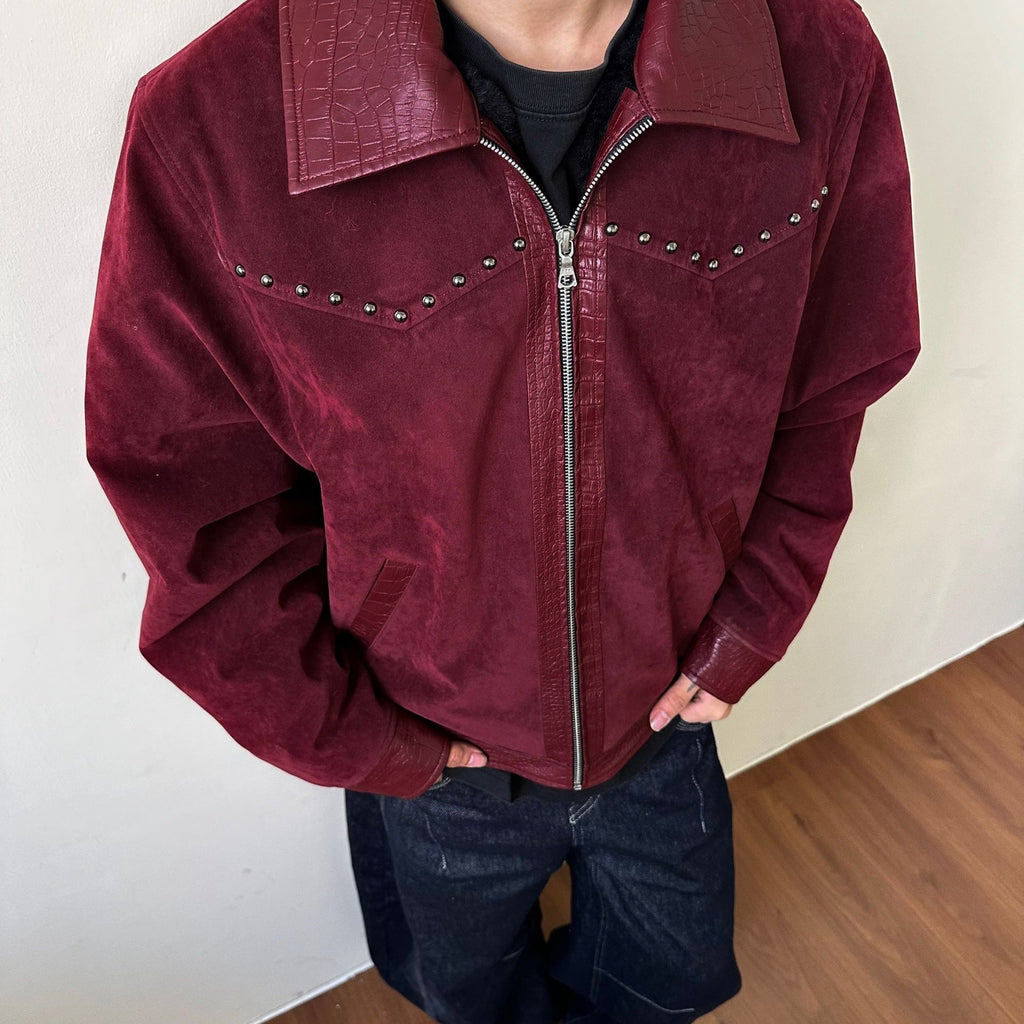 Leather Patchwork Lapel Angola Wool Extra Thick Suede Coat