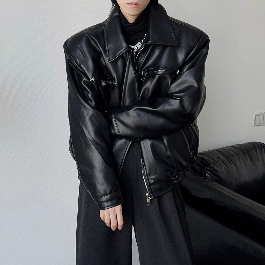 Men's High-grade Profile Casual Retro Metal Buckle Motorcycle Leather Coat