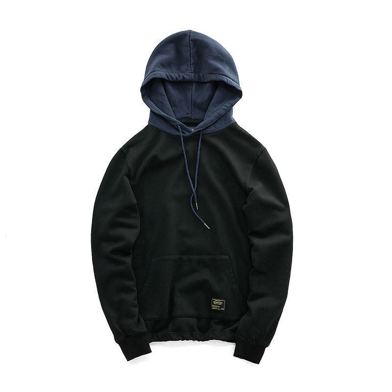 Retro Contrast Color Hooded Sweater Men's Winter Thickened Plus Velvet Jacket