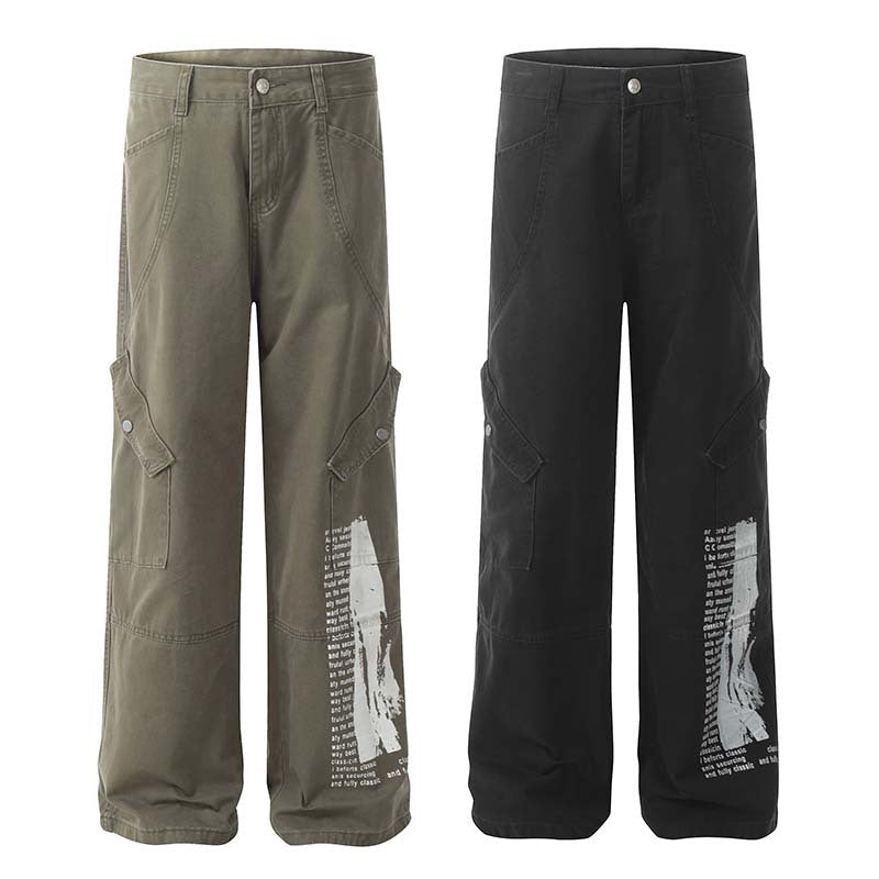 Men's Multi-pocket Letter Printed Straight Jeans Loose Casual Trousers