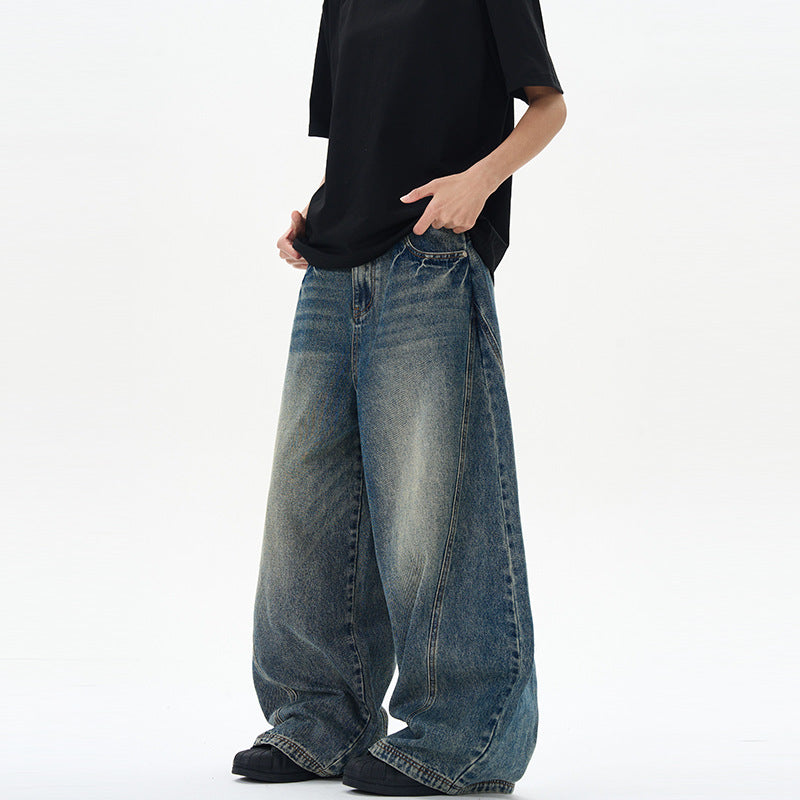 American-style Vintage Blue Washed Tie-dye Bootcut Jeans
