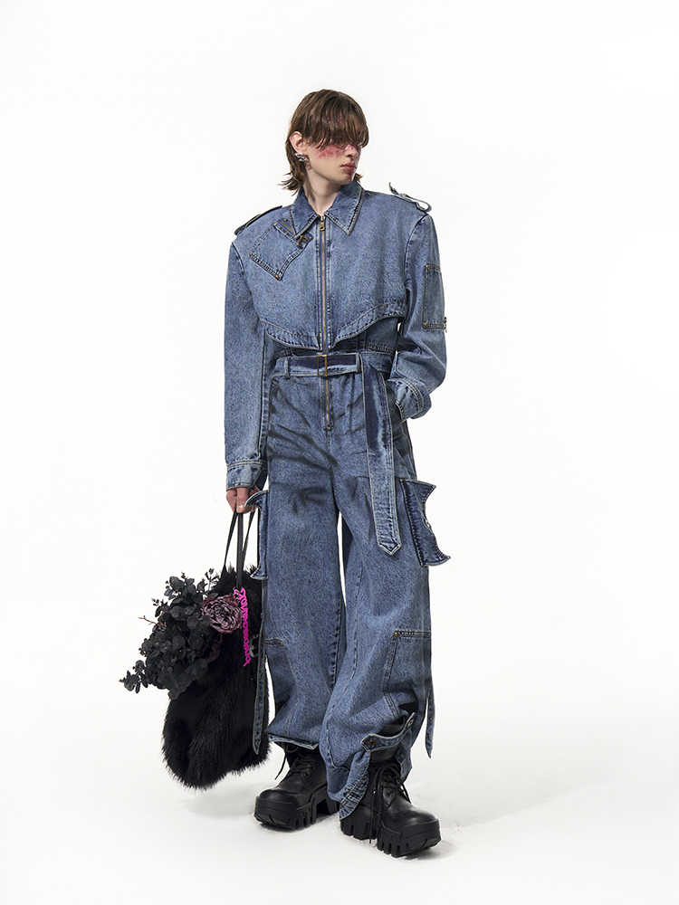Dirty Dyed Denim Jumpsuit Men's Washed Blue Zipper Jeans