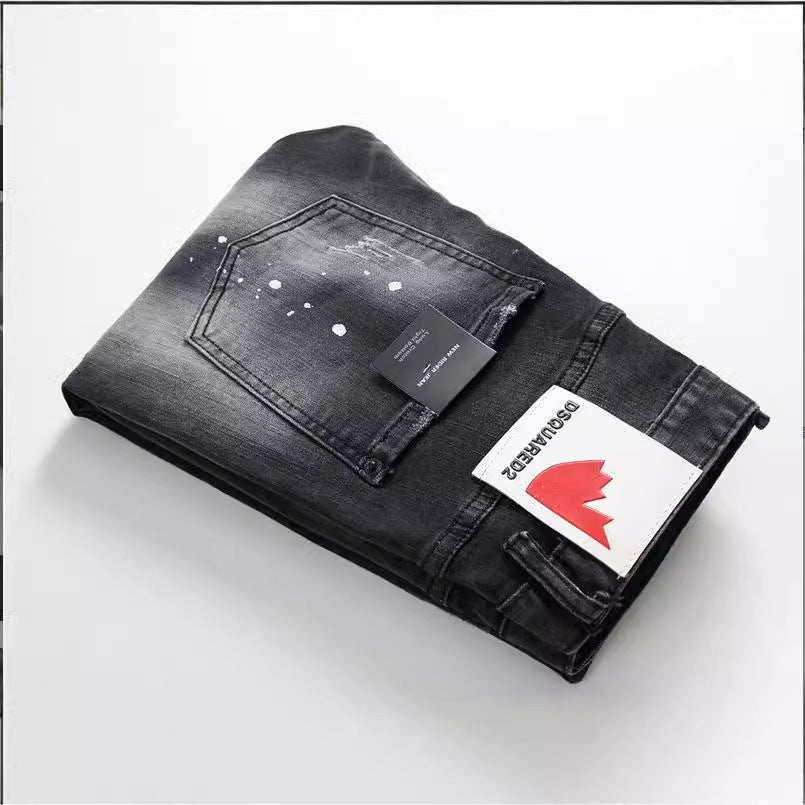 Black And Gray Paint Hole Zipper Decorations Personality Jeans Men