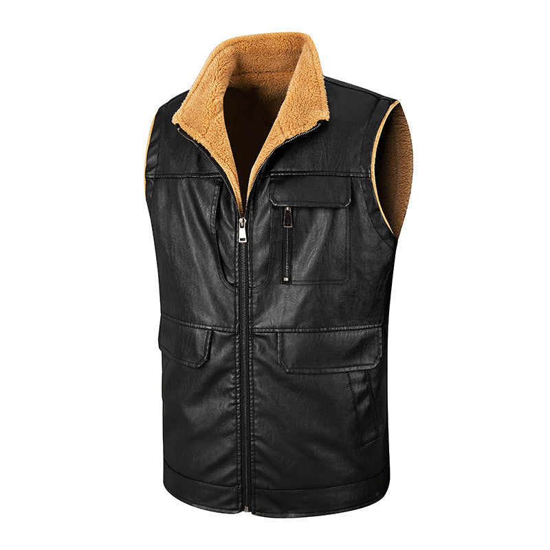Male Leather Vest Autumn And Winter Fleece-lined Stand Collar Vest
