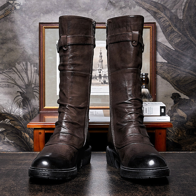 Men's High Top Long Platform Side Zip Biker Boots