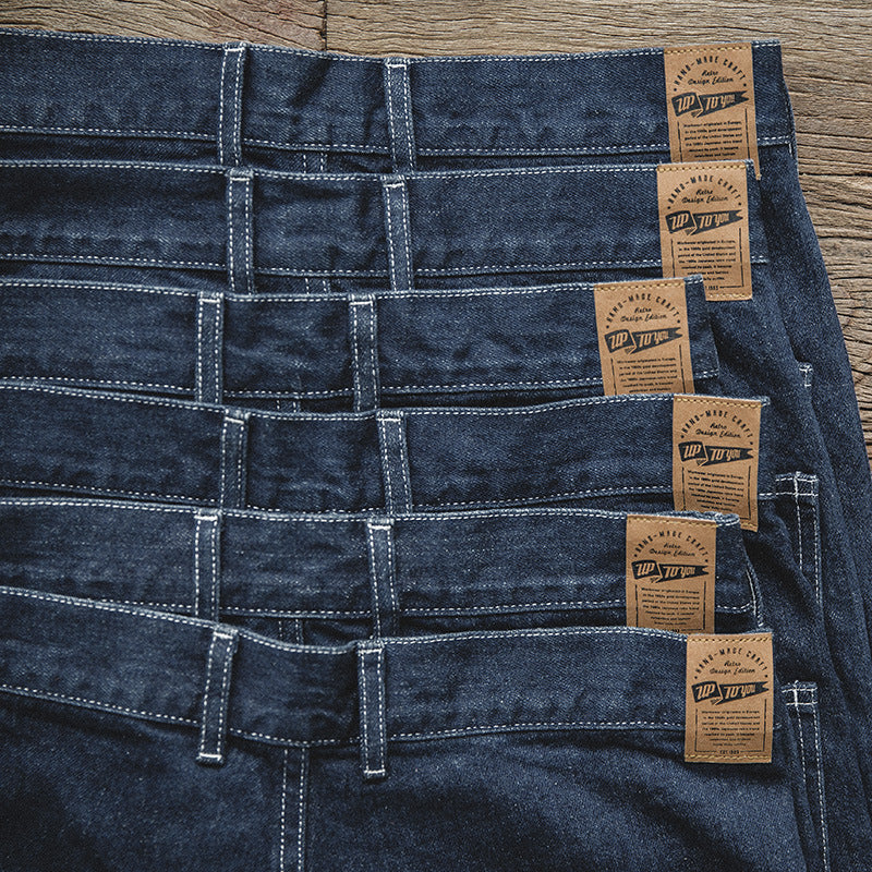Men's Retro Dark Blue Loose Straight-leg Denim Trousers