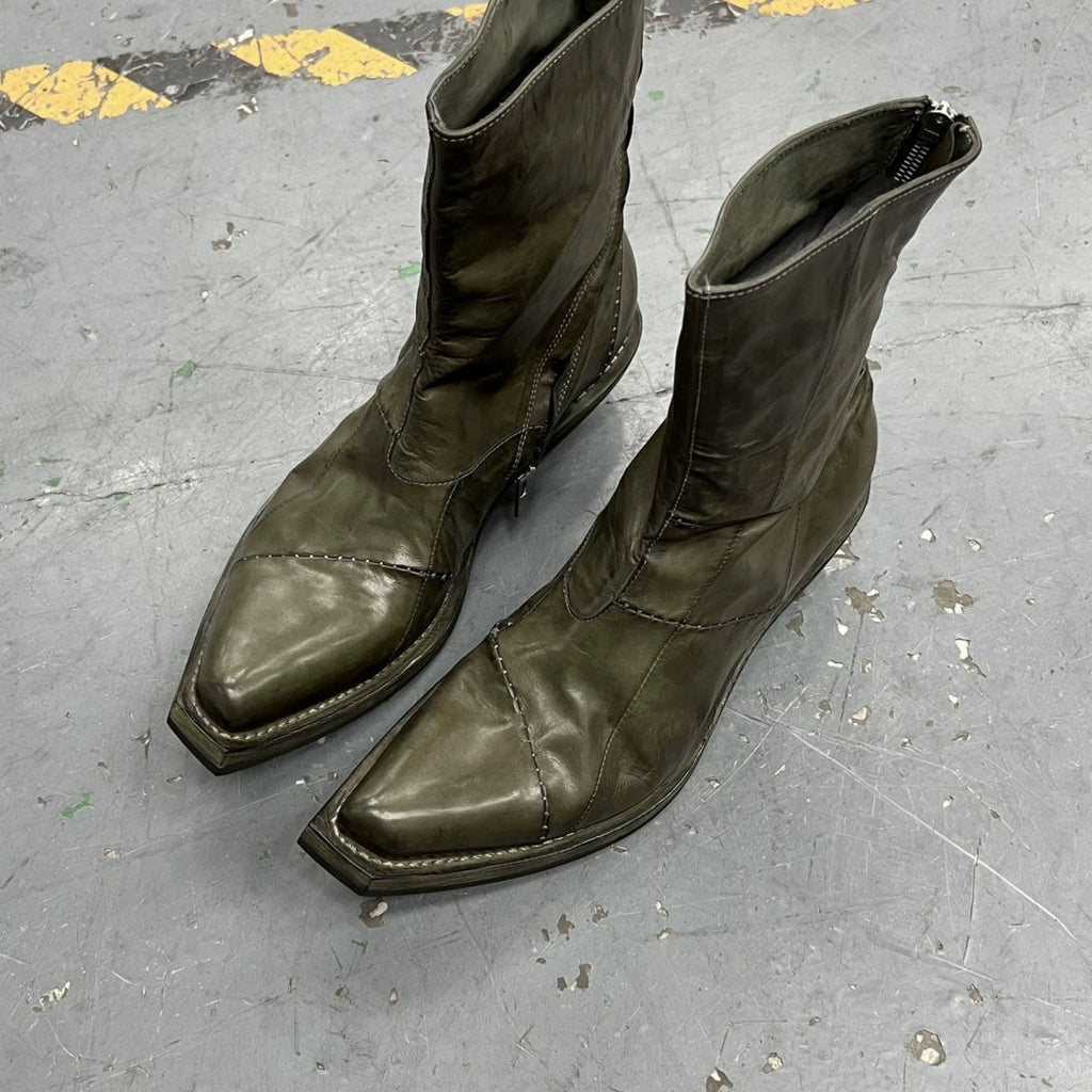 Men's Retro Dark Stitched Patchwork Square Toe Boots