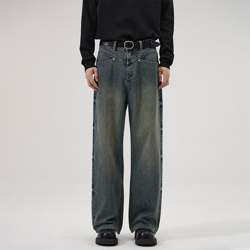 American Retro Washed Decorative Flower Jeans For Men