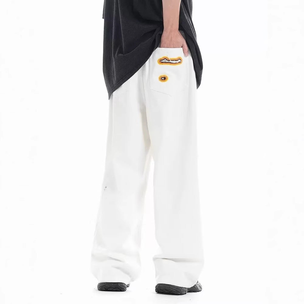 Retro Washed Ripped Embroidery Niche Design Loose Trousers