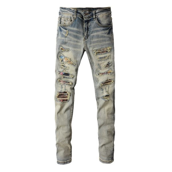 Meigao Street Vintage Crumpled Ripped Cat Beard Patch Printed Jeans Men