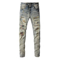 Meigao Street Vintage Crumpled Ripped Cat Beard Patch Printed Jeans Men