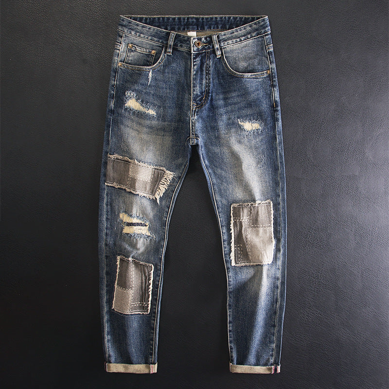 Retro Beggar Ripped Patch Jeans For Men