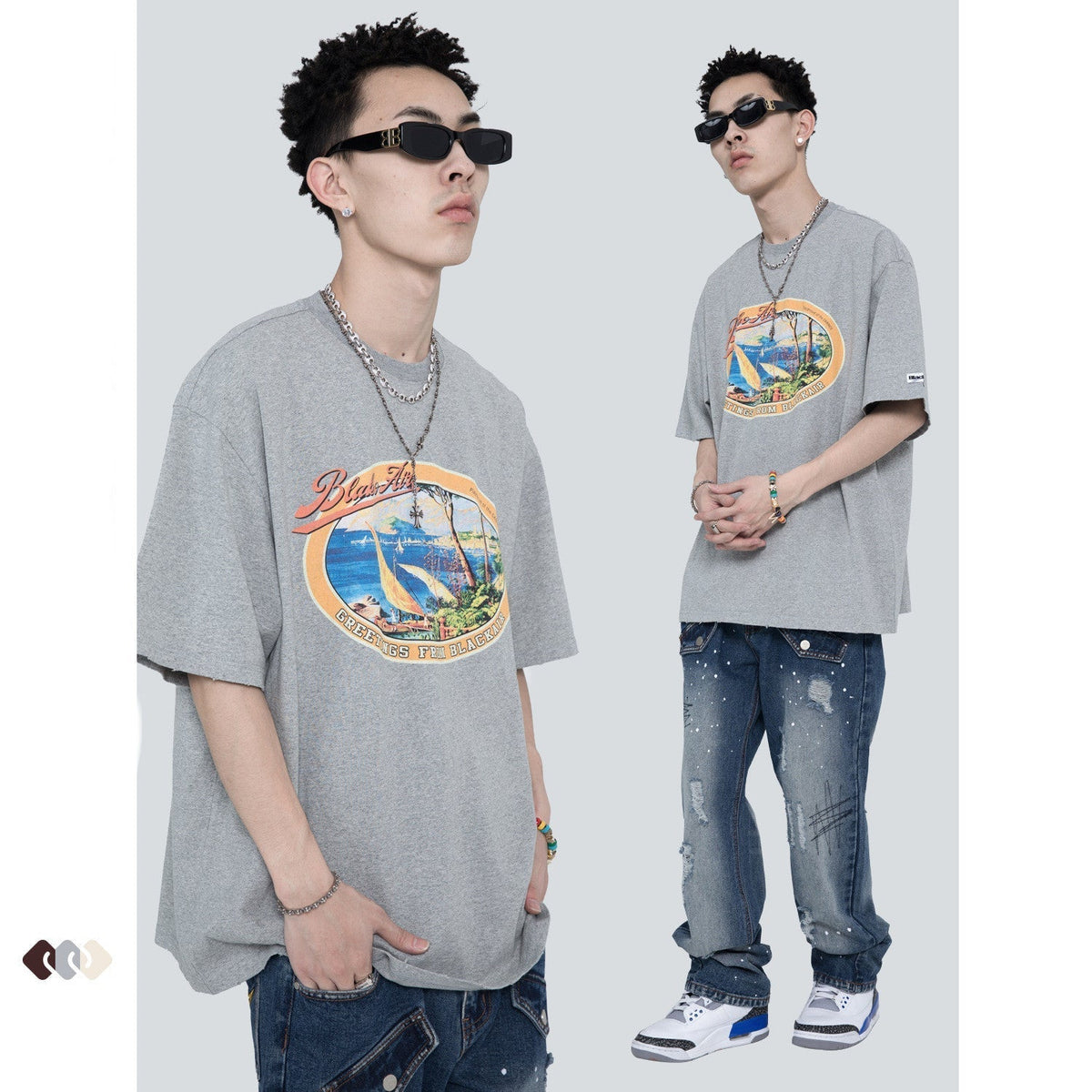 Men's And Women's Retro Washed And Old Printed Short Sleeves