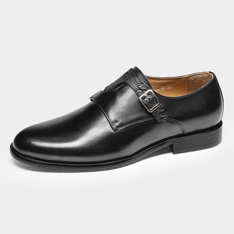 Men's First Layer Cowhide Summer Round Toe Double Buckle Retro Style Business Leather Shoes