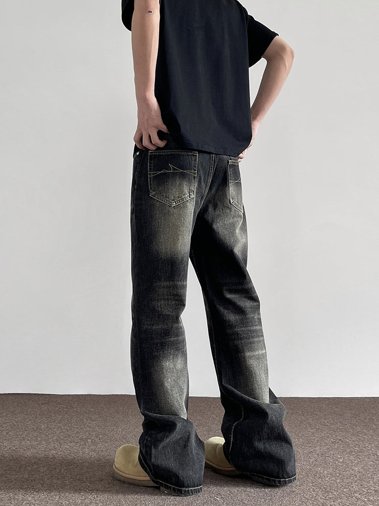 Retro Yellow Mud Dyed Cat Beard Worn Jeans