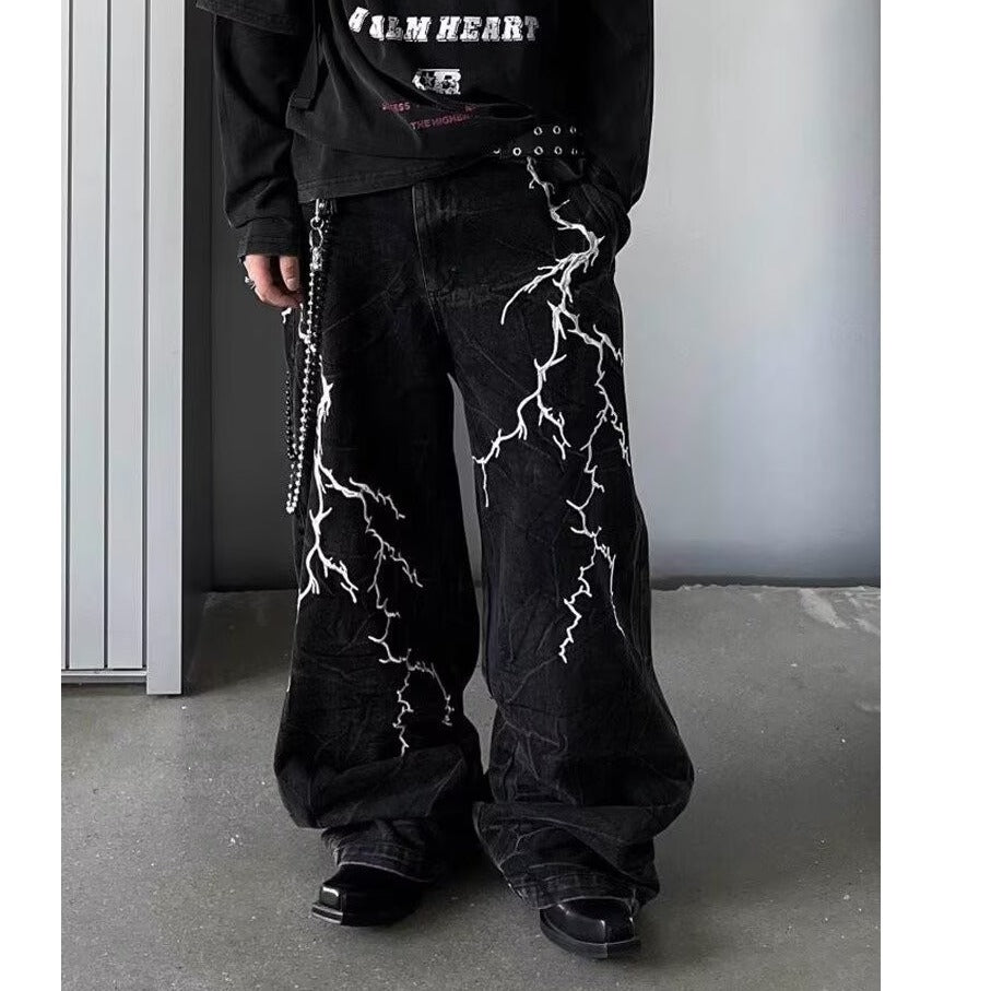 Retro Minority Washed Lightning Embroidered Jeans