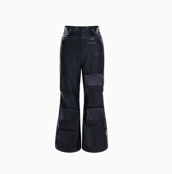 Autumn Three-dimensional Pocket Leather Pants Wide Leg