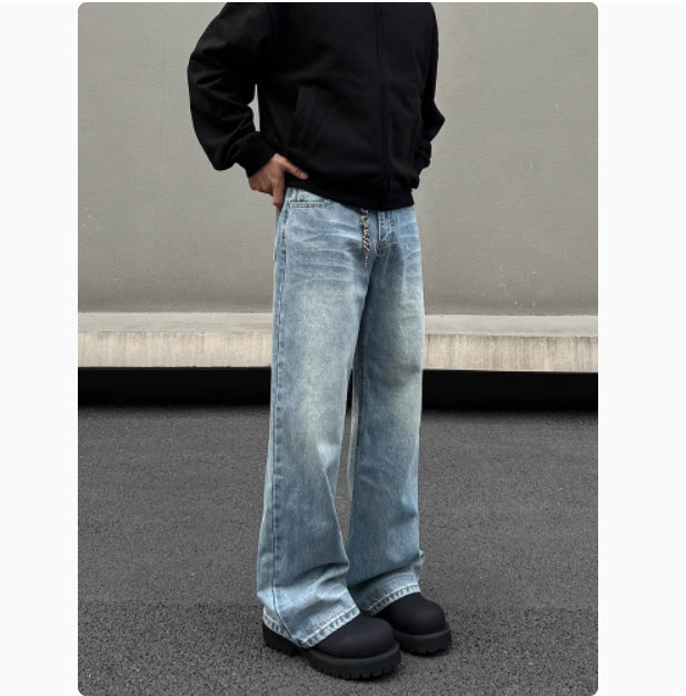 Men's Retro Whisker Washed Blue Straight Jeans